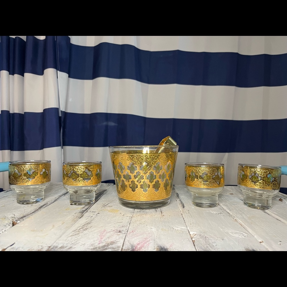 5 Piece Vintage Green 22k Gold Valencia Culver Whiskey Glasses + Ice Bucket